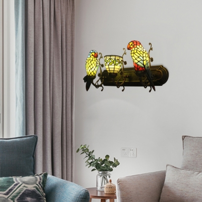 Tiffany Style Vintage Parrot Wall Light Stained Glass Triple Wall Sconce in Multi Color