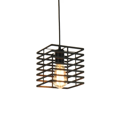 Vintage Rectangle Cage Hanging Lamp Steel 1 Light Suspension Light in Black/White