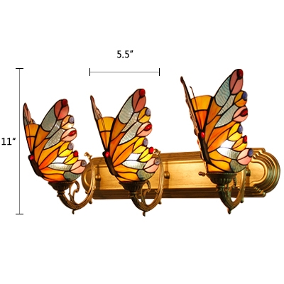Yellow Butterfly Wall Sconce Vintage Stained Glass Triple Light Wall Lighting for Hallway