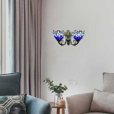 2 Light Double Wall Sconce with Tiffany Style Dragonfly Pattern Glass Shade in Colorful, 16-Inch Wide