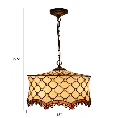 3 Head Cake Shade Pendant Light Tiffany Style Stained Glass Drop Light in Beige with Chain