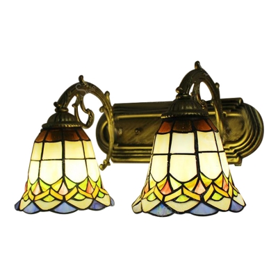 Aged Brass Finish Bell Wall Sconce Tiffany Style Stained Glass Double Lights Wall Lamp