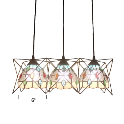 Beige/Blue Dome Suspended Lamp Tiffany Style Glass Triple Pendant Light with Metal Frame