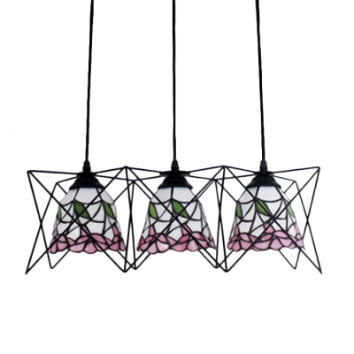 Blue/Pink Floral Hanging Lamp Tiffany Style Glass 3 Lights Suspension Light with Metal Cage