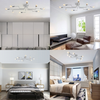 Brushed Nickel 8 Light Semi Flush Ceiling Light in Industrial Style for Living Room Clothes Stores