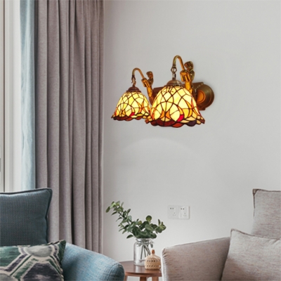 Double Heads Dome Wall Mount Fixture Tiffany Style Beige Glass Sconce Light for Corridor