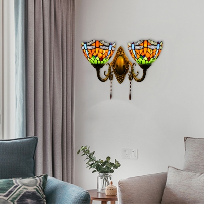 Double Heads Dragonfly Wall Lighting Tiffany Style Stained Glass Wall Mount Light for Corridor
