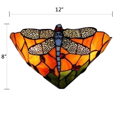 Gorgeous Dragonfly Orange/Blue Stained Glass Shade Hallway Two Light Wall Sconce, 12