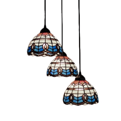 Multicolored Dome Hanging Light Vintage Baroque Stained Glass Accent Triple Drop Light