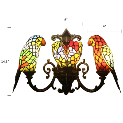 Multicolored Parrot Sconce Light Tiffany Style Stained Glass 3 Heads Accent Wall Lighting