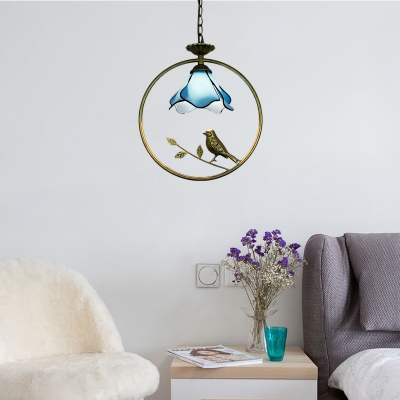 Petal Ceiling Pendant Lamp Tiffany Style Blue Glass 1 Head Accent Pendant Light with Bird
