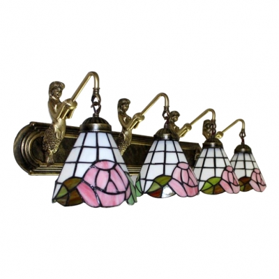 Pink Rosebud Wall Lamp Tiffany Traditional Stained Glass 4-Light Wall Mount Light