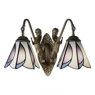 Stained Glass Floral Wall Mount Light Tiffany Style 2 Lights Wall Light Sconce with Mermaid