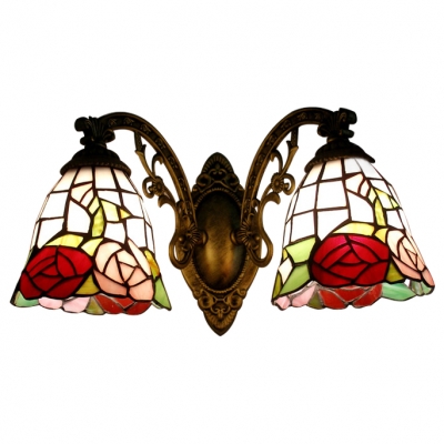 Stained Glass Rose Wall Sconce Tiffany Style 2 Heads Accent Wall Light in Multi Color