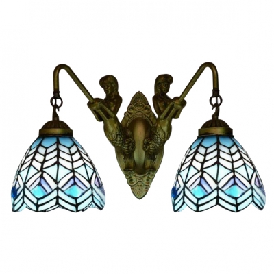 Tiffany Nautical Dome Sconce Light Stained Glass 2 Heads Decorative Wall Light Fixture in Blue