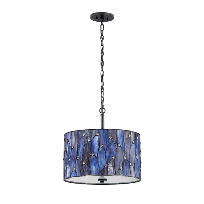 Tiffany Style Drum Ceiling Pendant Light Stained Glass 1 Light Hanging Light in Multi Color