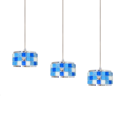 Triple Head Mosaic Pendant Lamp Tiffany Style Acrylic Hanging Light in Blue for Bedroom