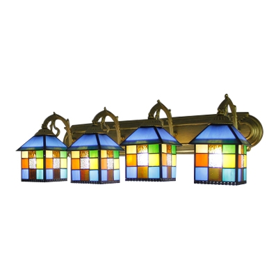 4 Lights Checkered Pattern Wall Light Tiffany Style Stained Glass Wall Sconce in Multicolor