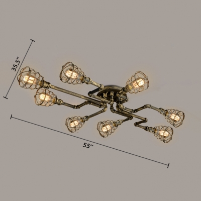 Antique Brass 8 Light LED Semi Flush Ceiling Light with Metal Cage