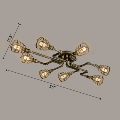 Antique Brass 8 Light Led Semi Flush Ceiling Light With Metal Cage