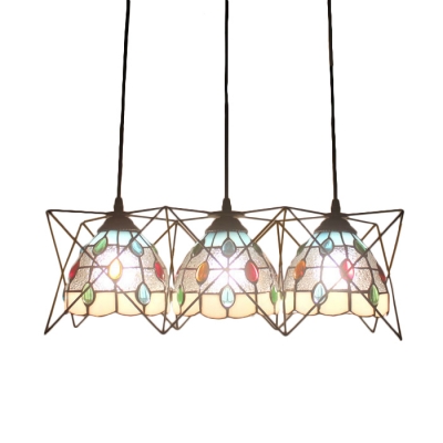 Beige/Blue Dome Suspended Lamp Tiffany Style Glass Triple Pendant Light with Metal Frame
