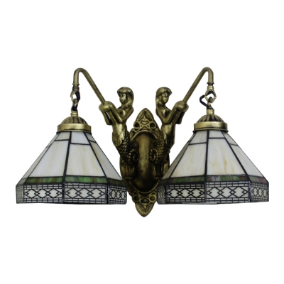 Beige Geometric Lighting Fixture Tiffany Style Stained Glass 2 Head Wall Lamp with Mermaid
