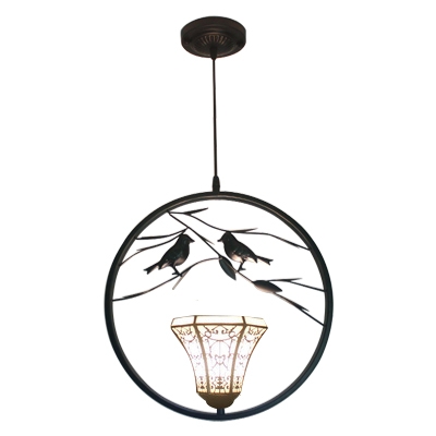 Bell Shade Upward Pendant Light Tiffany Style White Glass 1 Light Hanging Lamp with 2 Birds