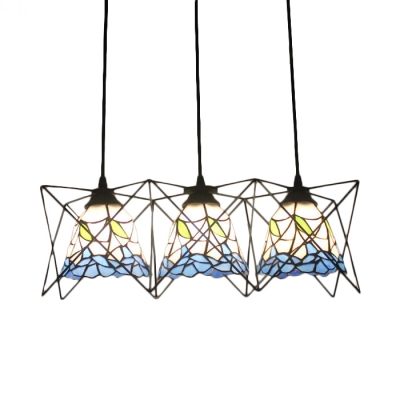 Blue/Pink Floral Hanging Lamp Tiffany Style Glass 3 Lights Suspension Light with Metal Cage