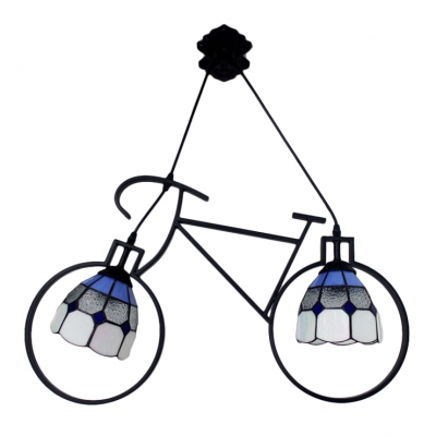 Double Heads Bicycle Pendant Light Tiffany Stylish Stained Glass Suspended Lamp in Blue
