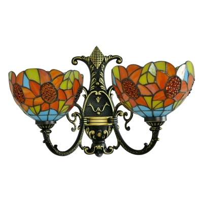Double Heads Sunflower Sconce Light Tiffany Style Stained Glass Accent Wall Lamp for Hallway