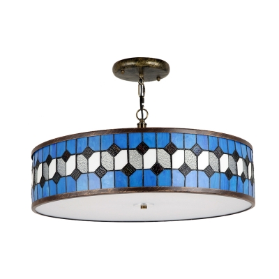 Drum Hanging Lamp Tiffany Mediterranean Style Stained Glass 3/5 Lights Pendant Light in Blue
