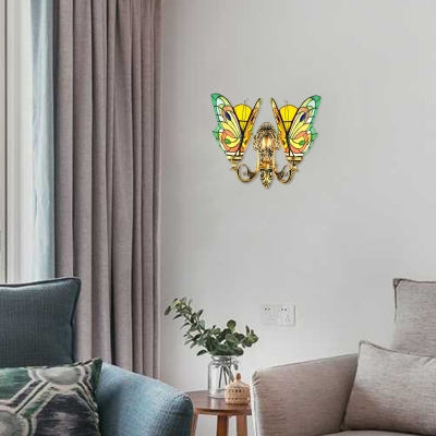Multicolored Butterfly Shaped Wall Sconce with Tiffany Stained Glass Shade, 2-Light