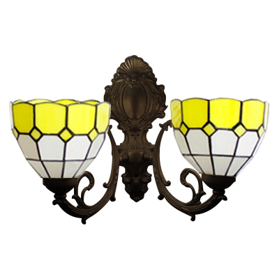 Pink/Yellow Bowl Wall Light Sconce Tiffany Style Stained Glass 2 Bulbs Wall Lighting