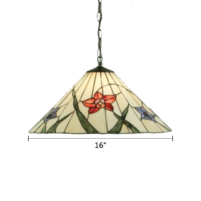 Single Light Flower Suspended Lamp Tiffany Style Stained Glass Lighting Fixture in Beige