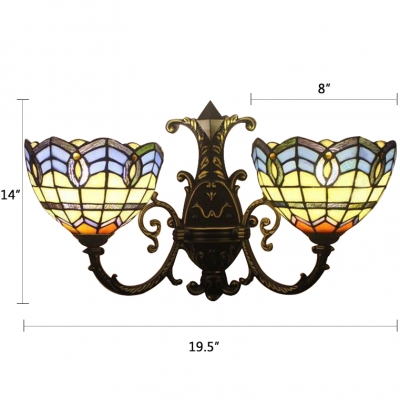 Stained Glass Bowl Sconce Light Baroque Style Double Heads Accent Wall Lighting in Blue