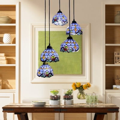 Tiffany Victorian Round Canopy Drop Light Stained Glass 5 Lights Hanging Lamp in Multicolor