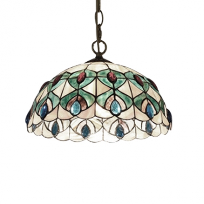 Turquoise Peacock Drop Light Tiffany Style Stained Glass 1 Light Decorative Hanging Light
