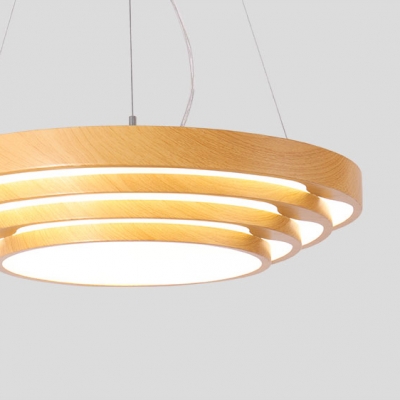 Wood Finish Round Chandelier Modern Style Acrylic Shade Hanging Pendant in White/Warm Light