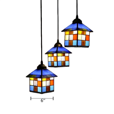 3 Lights Lodge Design Suspension Light Tiffany Style Stained Glass Pendant Lamp in Brass Finish