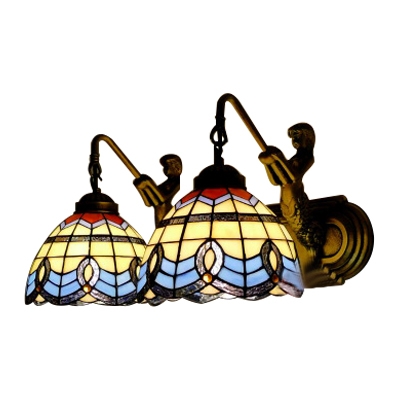 Baroque Tiffany Style Dome Wall Lamp Stained Glass 2 Heads Wall Lighting in Blue