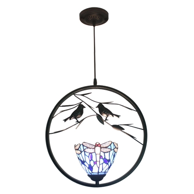 Dragonfly Suspended Lamp Tiffany Style Blue/Yellow Glass 1 Light Pendant Light with 2 Birds