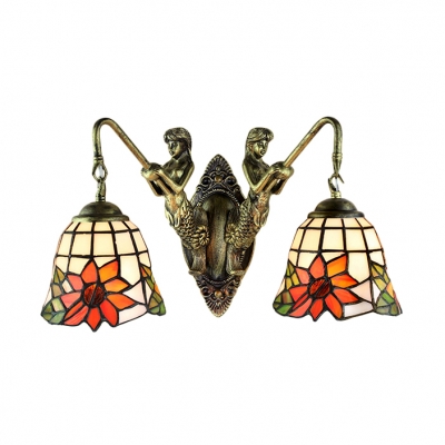 Gorgeous Tiffany Style 2 Light Double Wall Sconce Floral Stained Glass Shade in Brass Finish