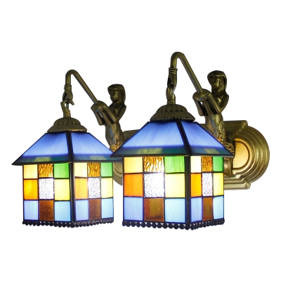 House Wall Sconce Tiffany Stylish Stained Glass 2 Light Wall Light in Blue/Clear for Hallway