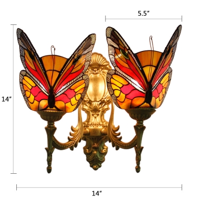 Multicolor Butterfly Lighting Fixture Tiffany Stained Glass Double Heads Wall Light