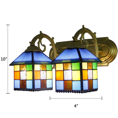 Multicolor Checkered Pattern Wall Lighting Tiffany Style Stained Glass 2 Heads Wall Lamp
