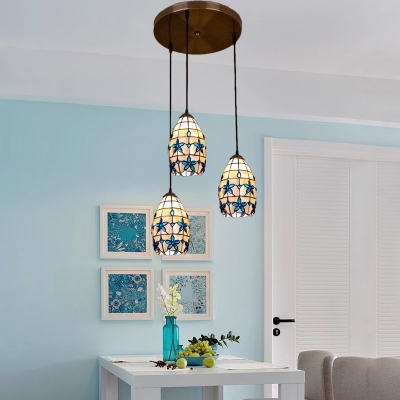 Shelly Floral Ceiling Pendant Lamp Tiffany Triple Head Suspended Light with Blue Beads