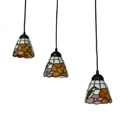 Stained Glass Floral Pendant Light Tiffany Style 3 Heads Suspended Lamp in Black Finish