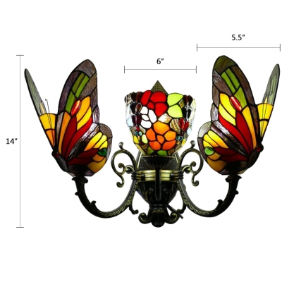Triple Head Butterfly Sconce Lighting Tiffany Style Stained Glass Wall Light in Multi Color