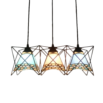 Triple Heads Metal Frame Pendant Lamp Vintage Stained Glass Suspended Lamp for Hallway