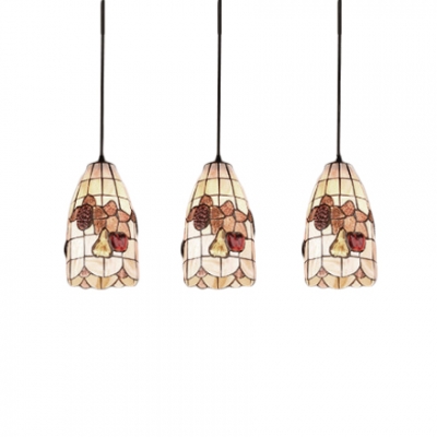 3 Lights Fruit Pattern Pendant Lamp Tiffany Style Shelly Lighting Fixture in Beige for Bedroom